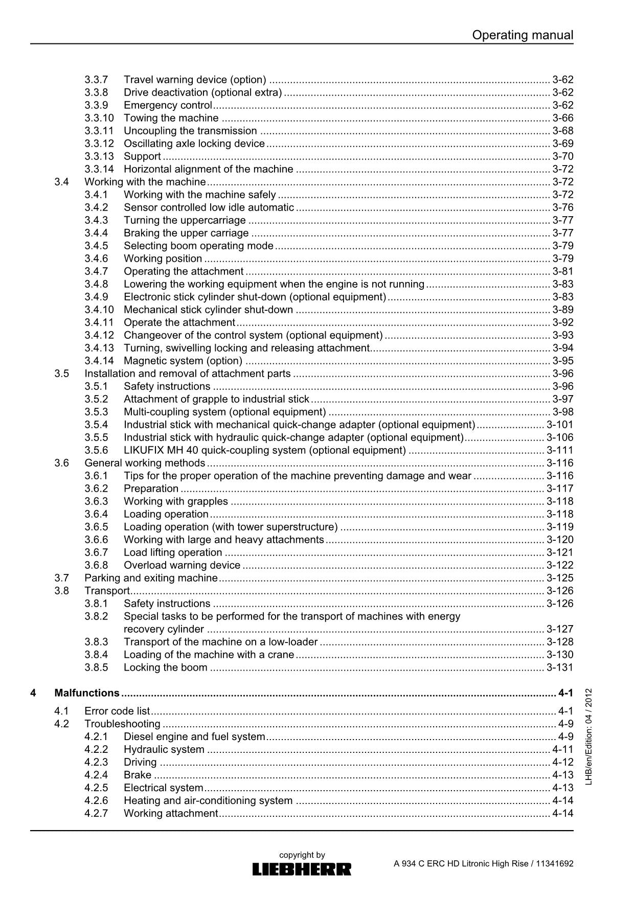 Liebherr A934 C ERC HD Litronic High Rise Excavator Operators manual