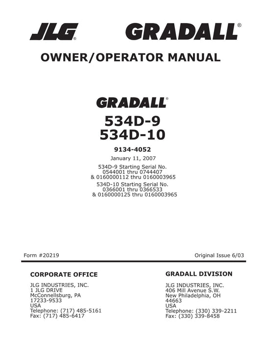 GRADALL JLG 534D-10 534D-9 Telehandler Maintenance Operation Operators Manual