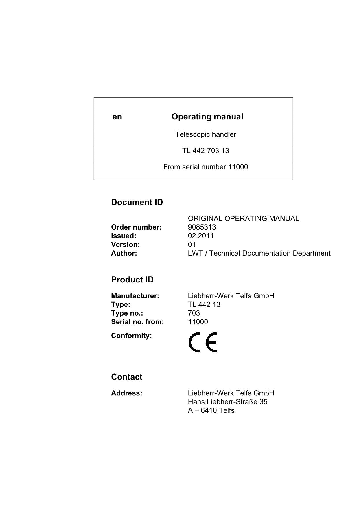 Liebherr TL442-703 13 Telescopic handler Operators manual