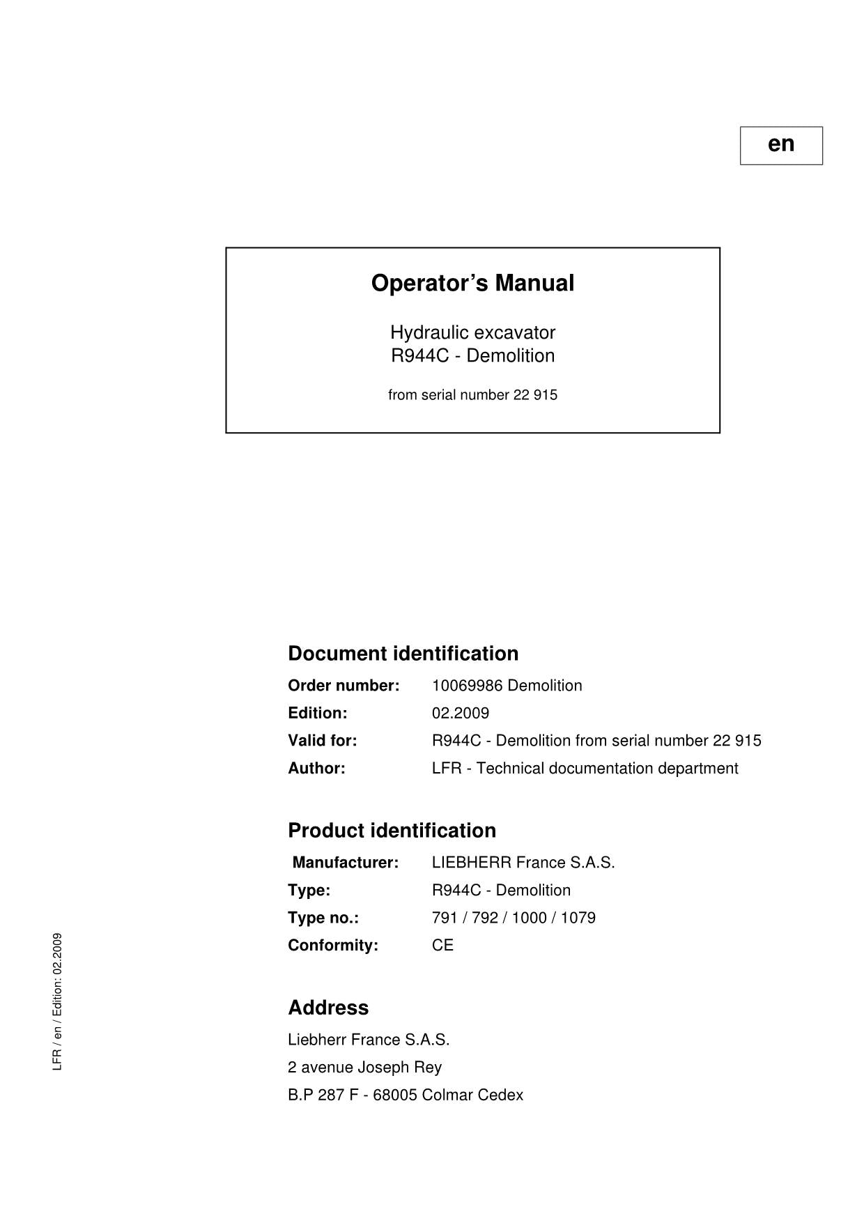 Liebherr R944 C Demolition Excavator Operators manual serial 22915