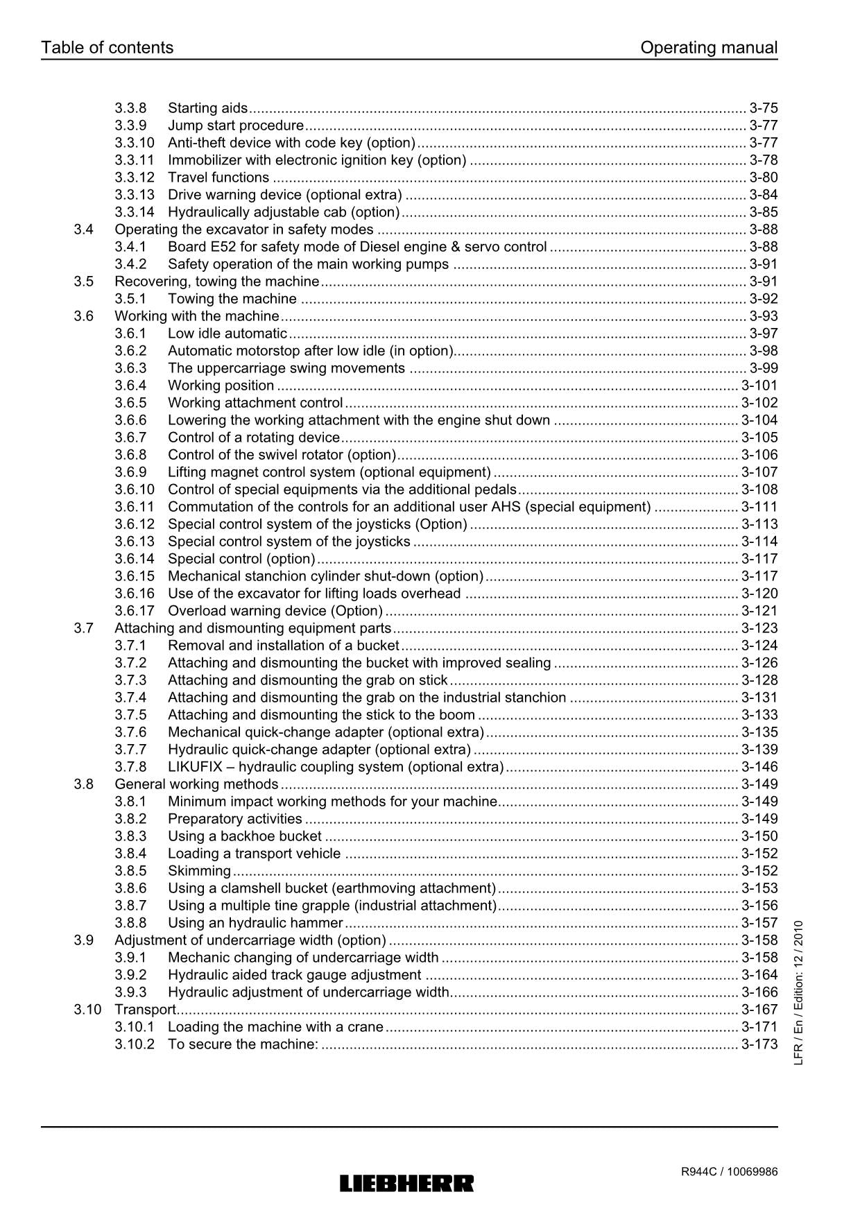 Liebherr R944 C Excavator Operators manual serial 27700