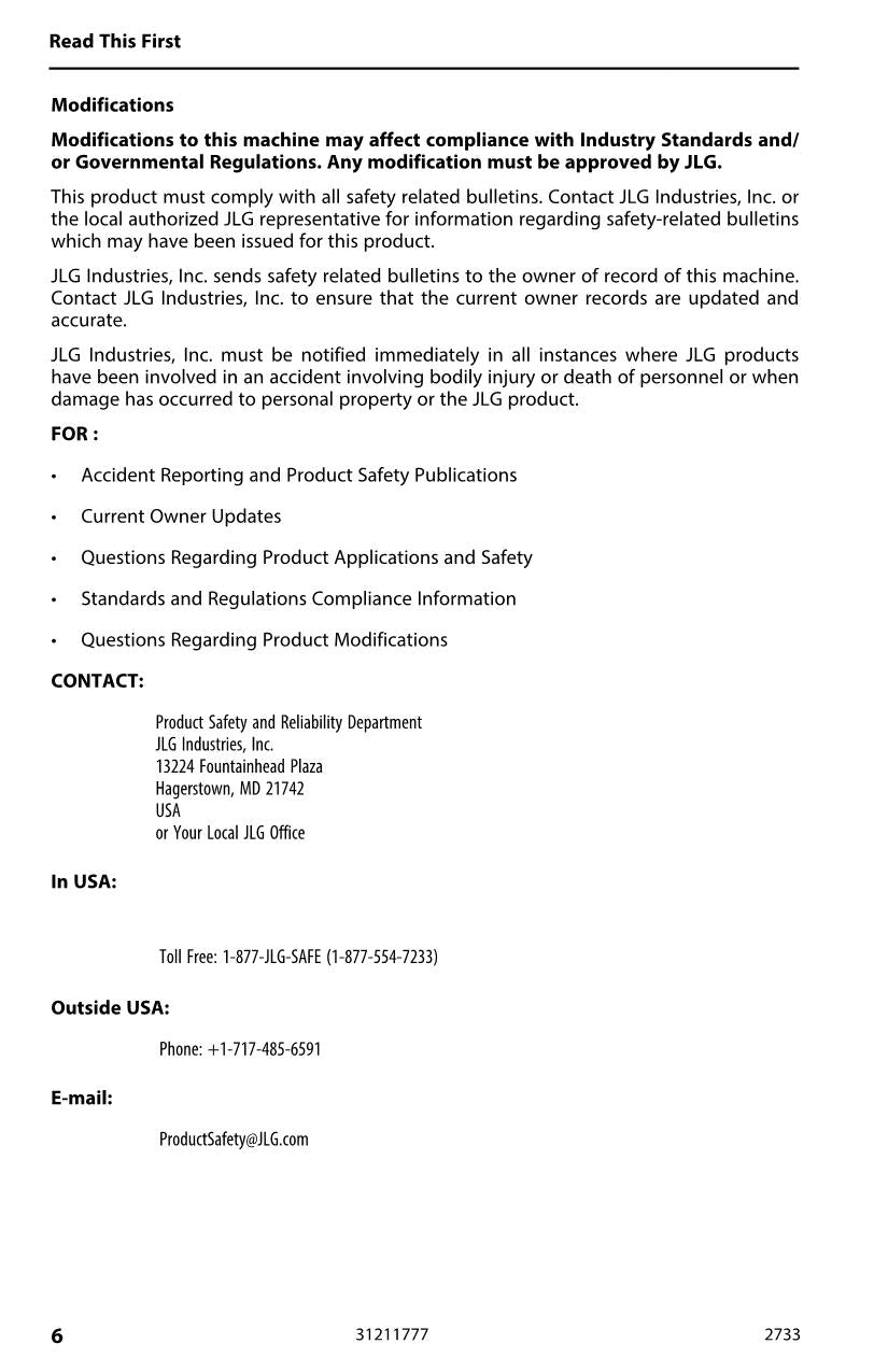 JLG 2733 Telehandler Maintenance Operation Operators Manual