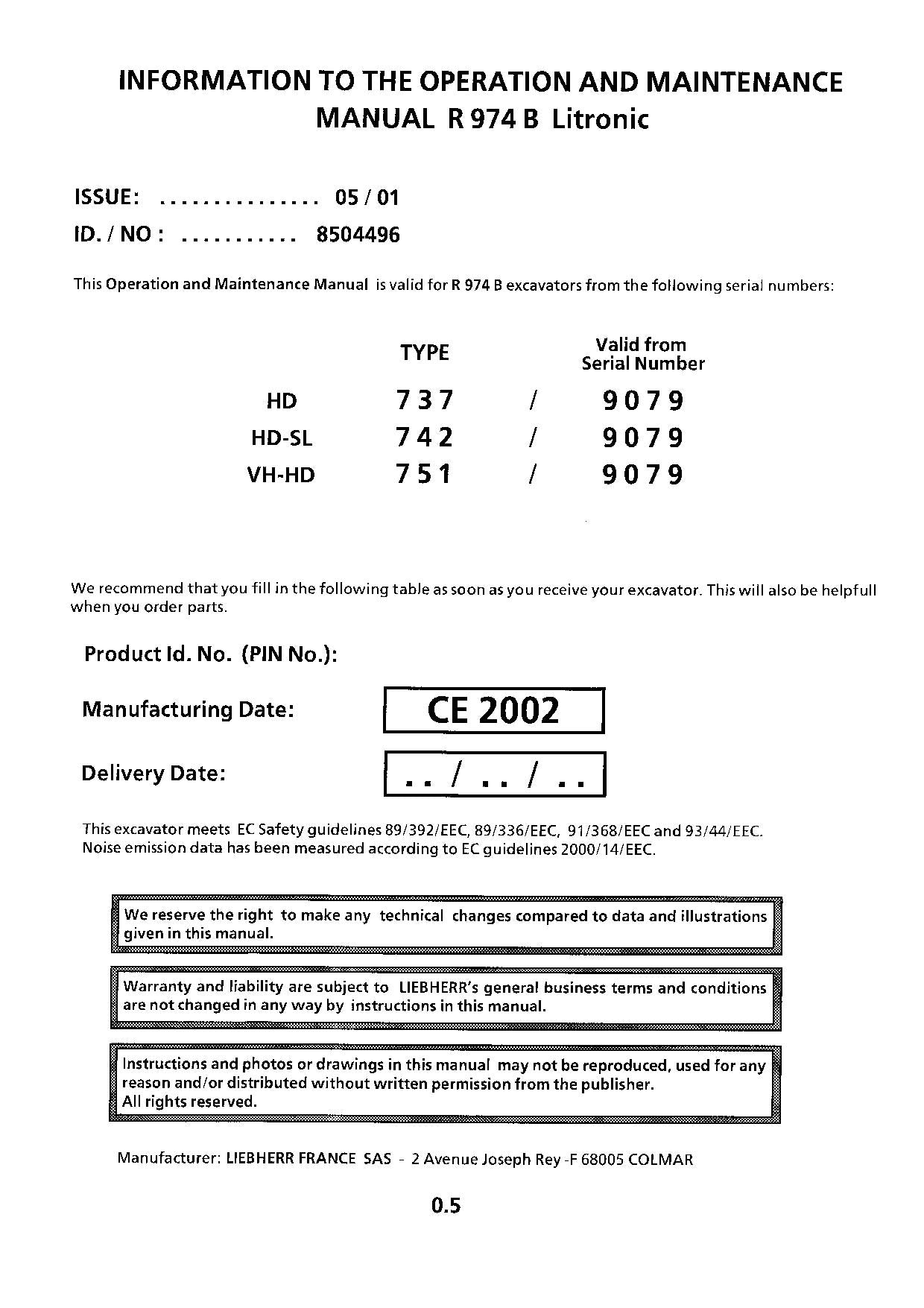 Liebherr R974 B Litronic Excavator Operators manual serial 9079