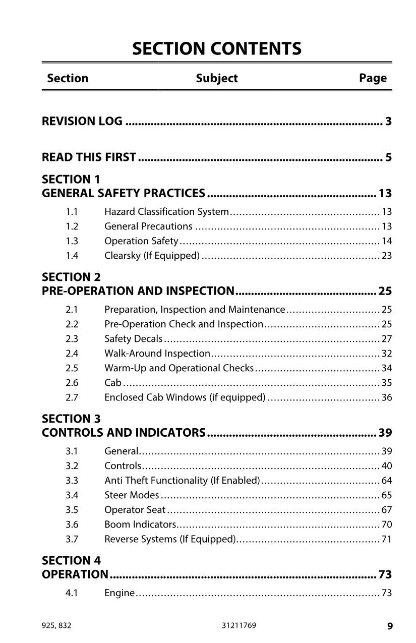 JLG 832 925 Telehandler Maintenance Operation Operators Manual 31211769