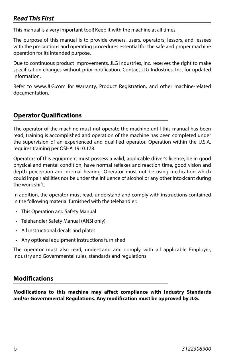 JLG 313 Telehandler Maintenance Operation Operators Manual