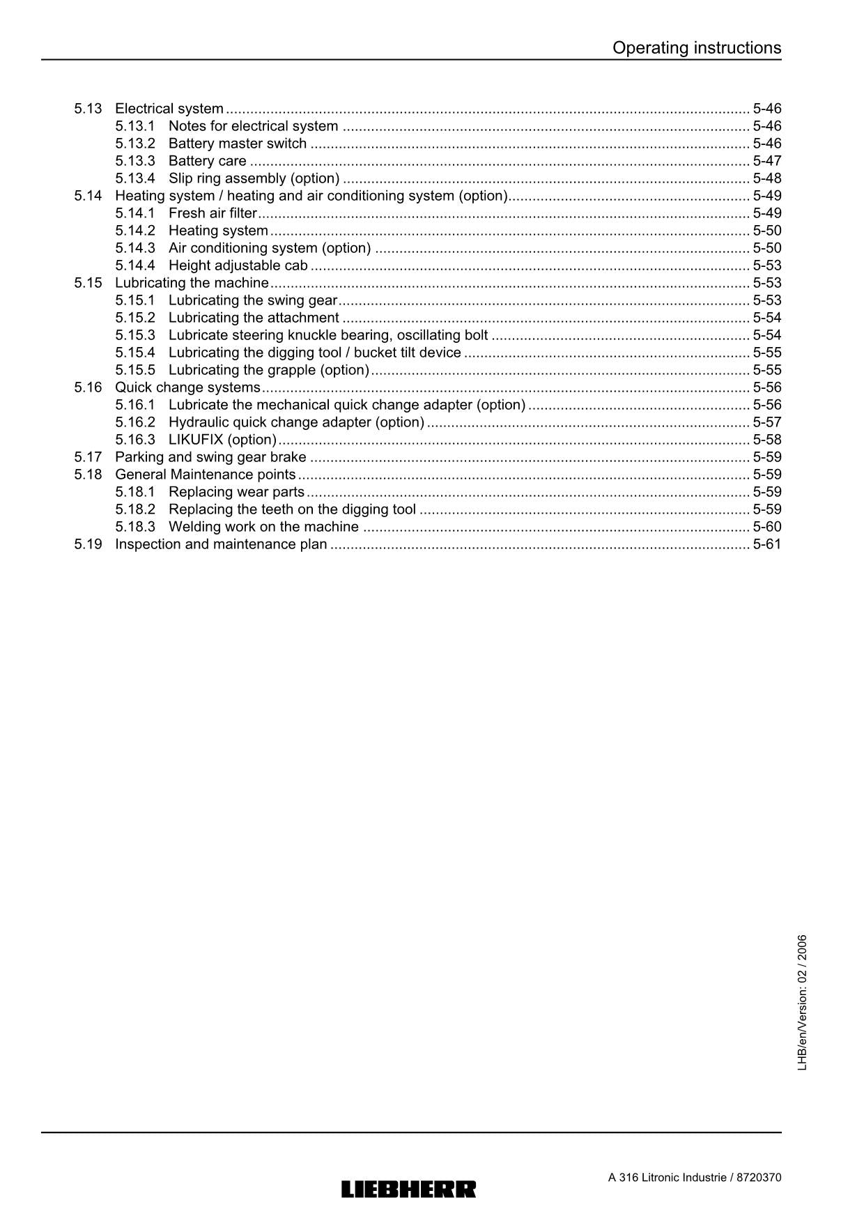 Liebherr A316 Litronic Industrie Excavator  Operators manual