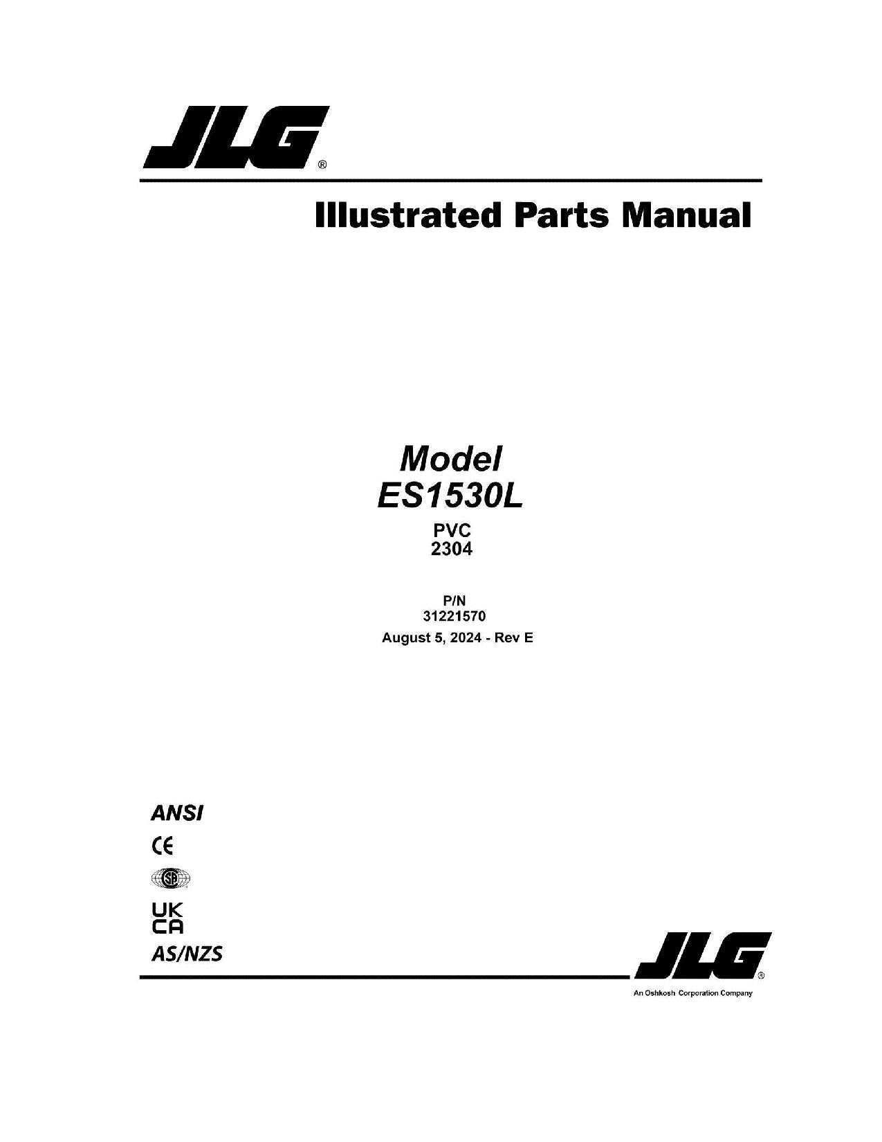 JLG ES1530L Scissor Lift Parts Catalog Hard Copy Manual