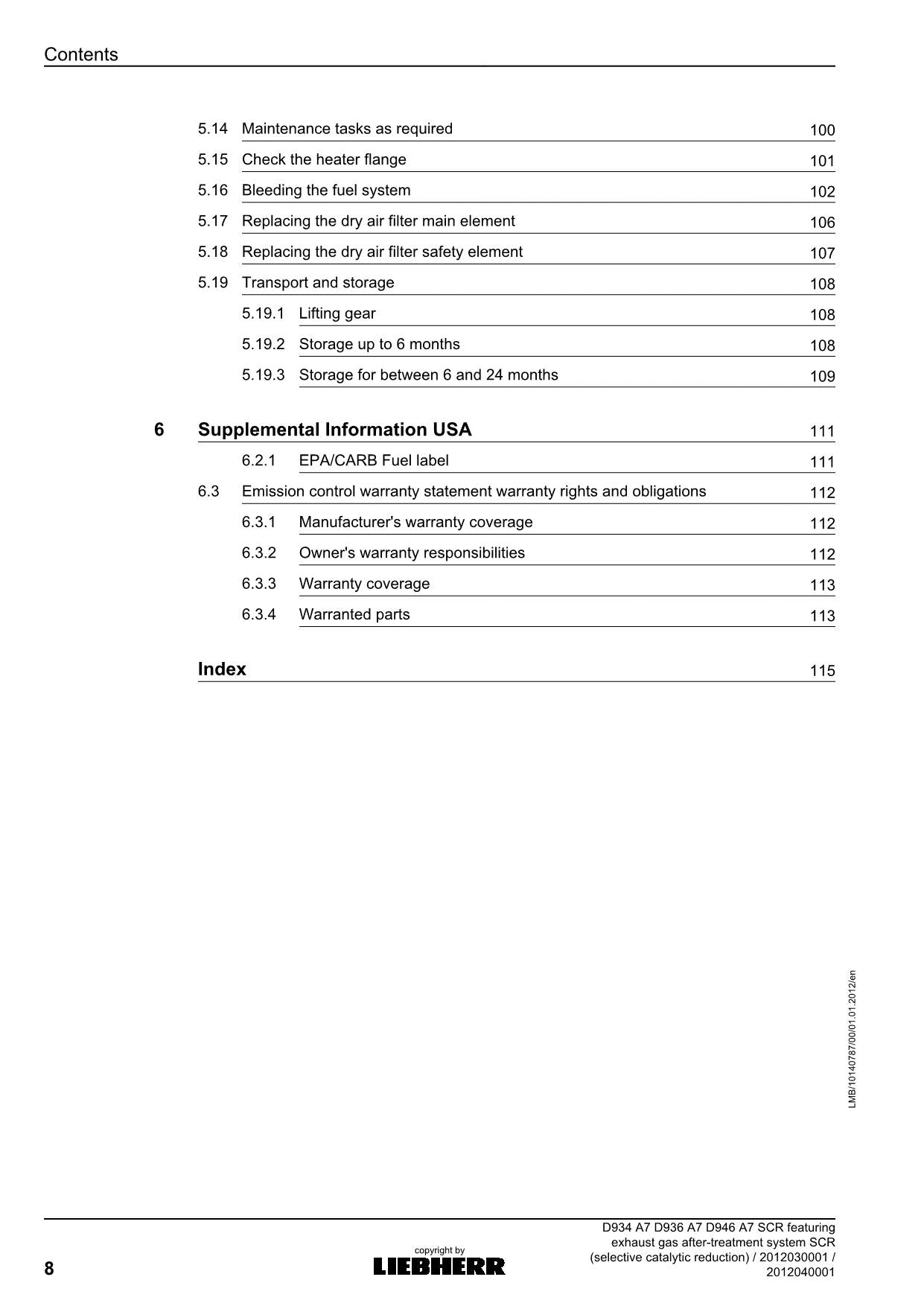 Liebherr D934 D936 D946 SCR featuring exhaust gas engine Operators manual