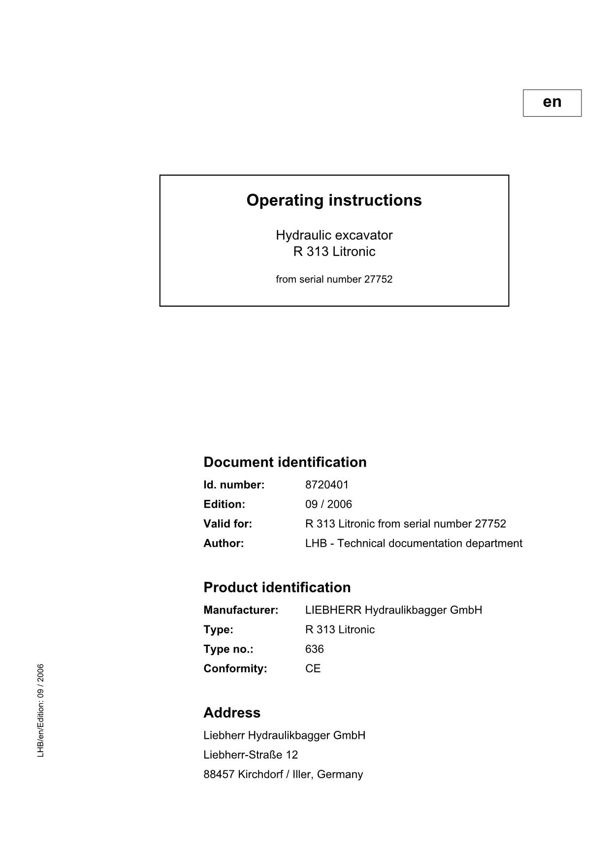 Liebherr R313 Litronic Excavator Operators manual serial 27752