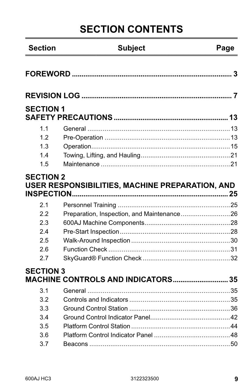 JLG 600AJ HC3 Boom Lift Maintenance Operation Operators Manual 3122323500