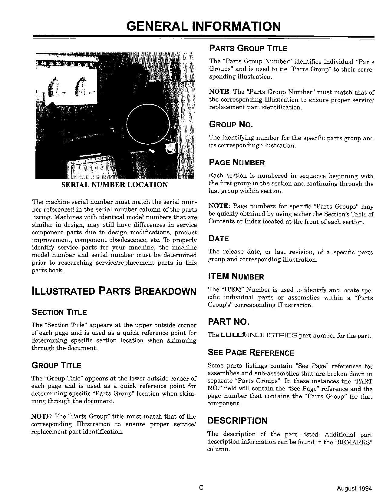 JLG LULL 644 Telehandler Parts Catalog Manual