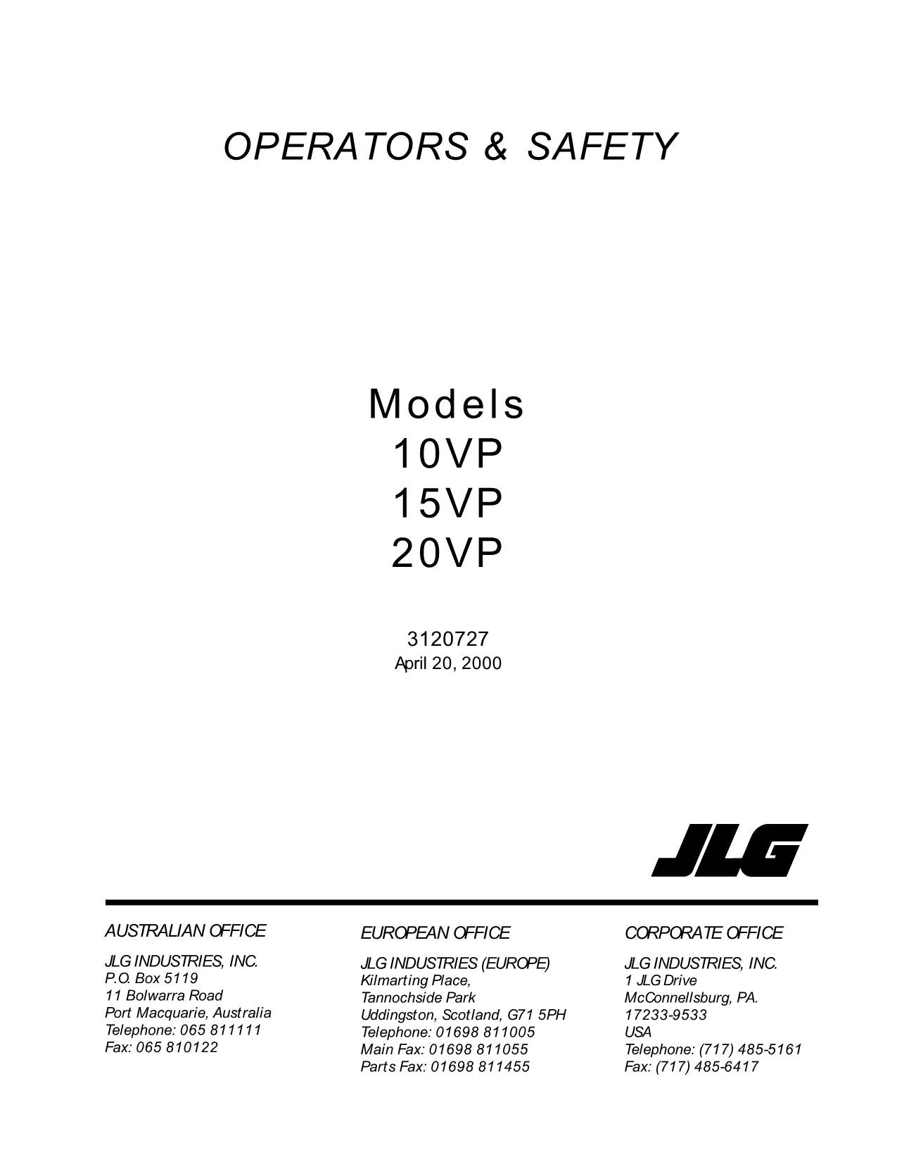 JLG 10VP 15VP 20VP Vertical Mast Maintenance Operation Operators Manual