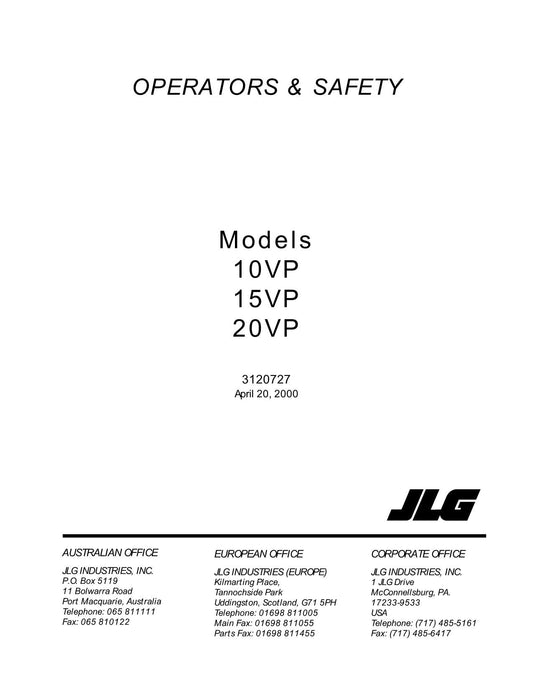 JLG 10VP 15VP 20VP Vertical Mast Maintenance Operation Operators Manual