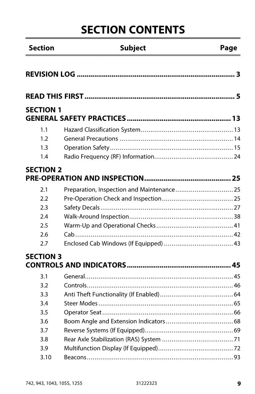 JLG 1043 1055 1255 742 943 Telehandler Maintenance Operators Manual 31222323