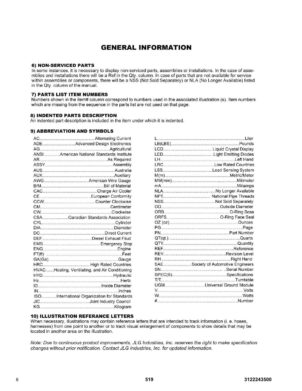 JLG  519 Telehandler Parts Catalog Manual