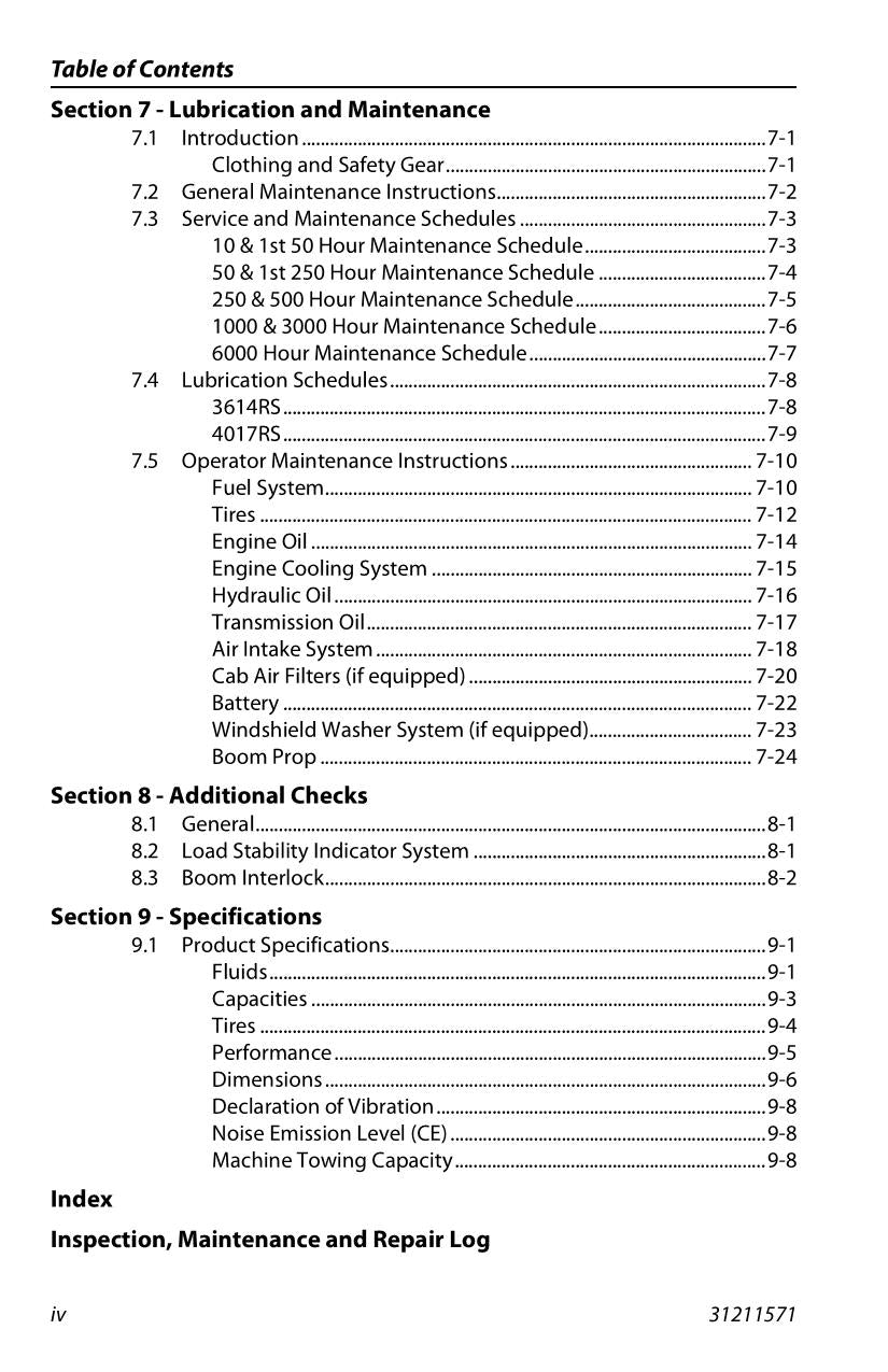 JLG 3614RS 4017RS Telehandler Maintenance Operation Operators Manual 31211571