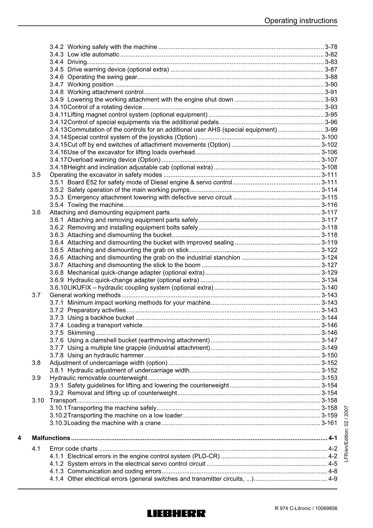 Liebherr R974 C-Litronic Excavator Operators manual serial 15259