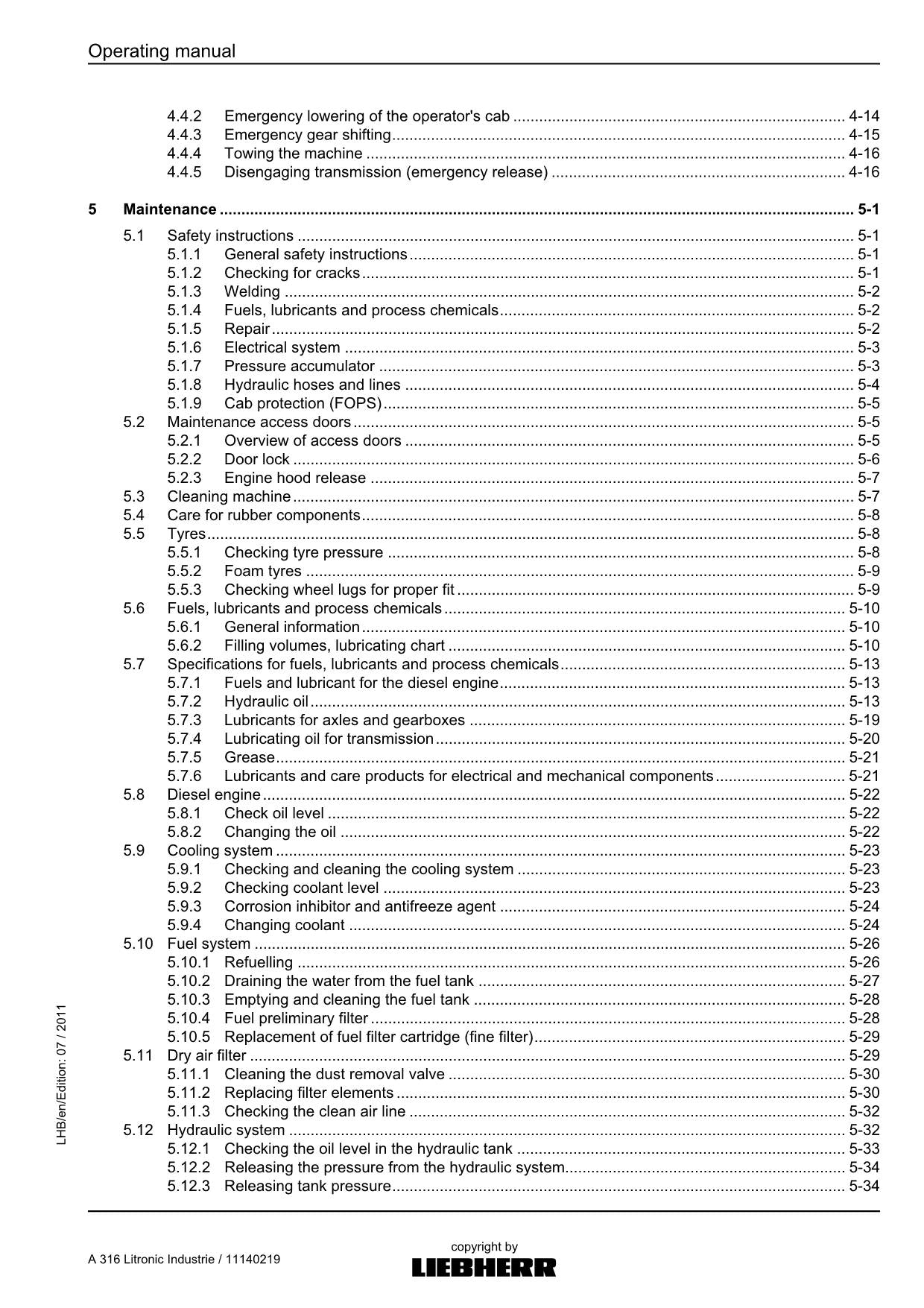 Liebherr A316 Litronic Industrie Excavator Operators manual