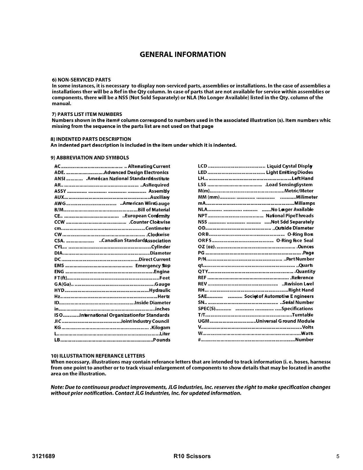 JLG R10 Scissor Lift Parts Catalog Manual