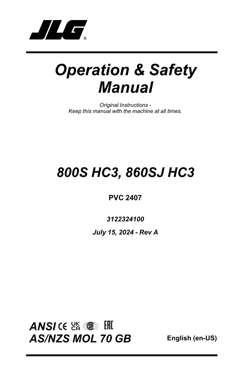 JLG 800S HC3 860SJ HC3 Boom Lift Maintenance Operators Manual 3122324100