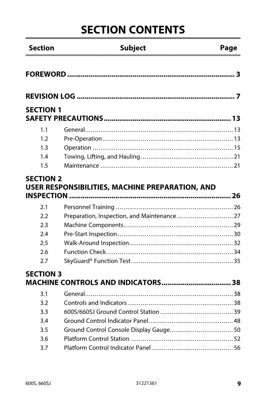 JLG 600S 660SJ Boom Lift Maintenance Operation Operators Manual 31221361