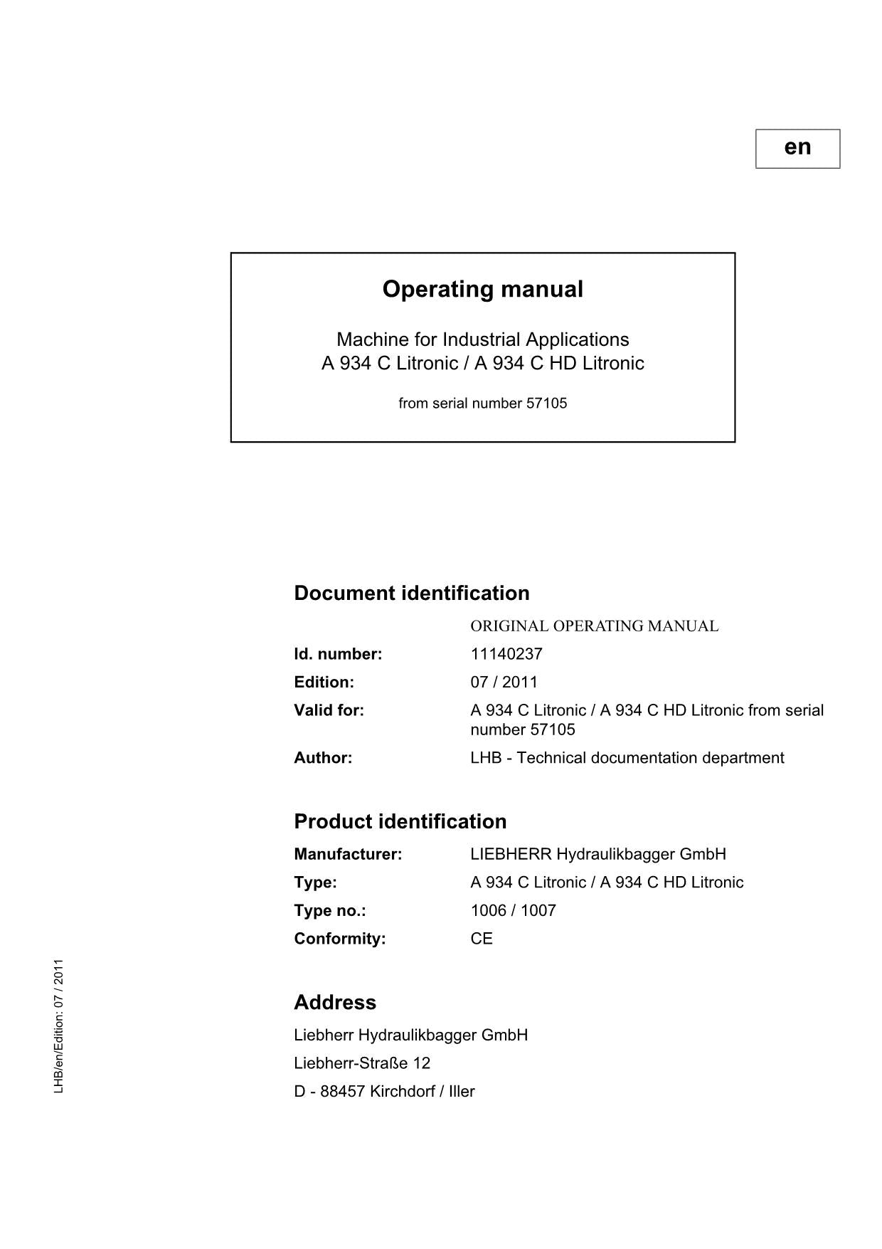 Liebherr A934 C Litronic A934 C HD Litronic Excavator Operators manual