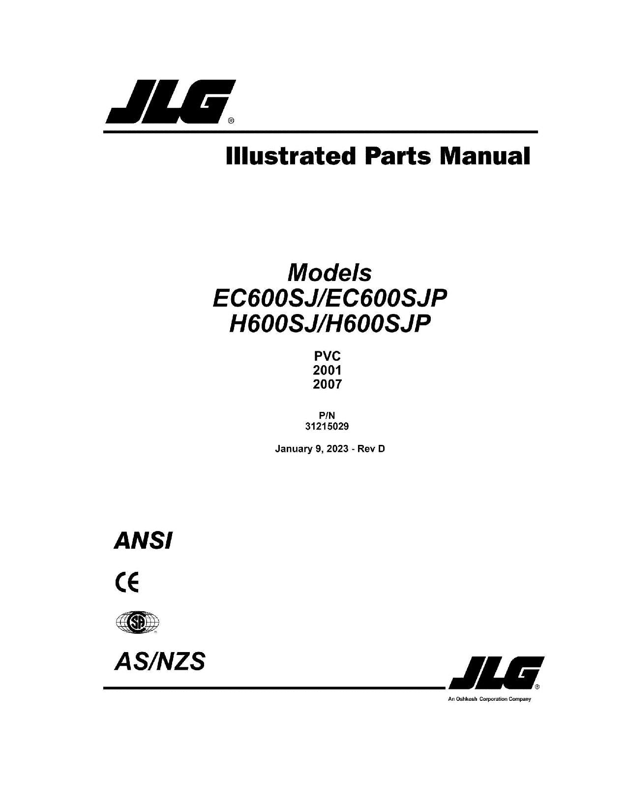 JLG EC600SJ EC600SJP H600SJ H600SJP Boom Lift Parts Catalog Manual 31215029