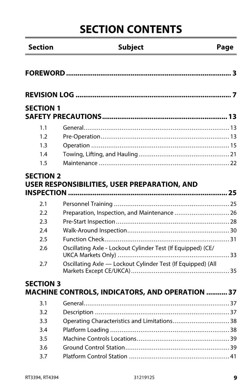 JLG RT3394 RT4394 Scissor Lift Maintenance Operation Operators Manual 31219125