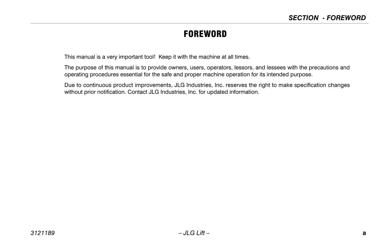 JLG 19AMI Vertical Mast Maintenance Operation Operators Manual