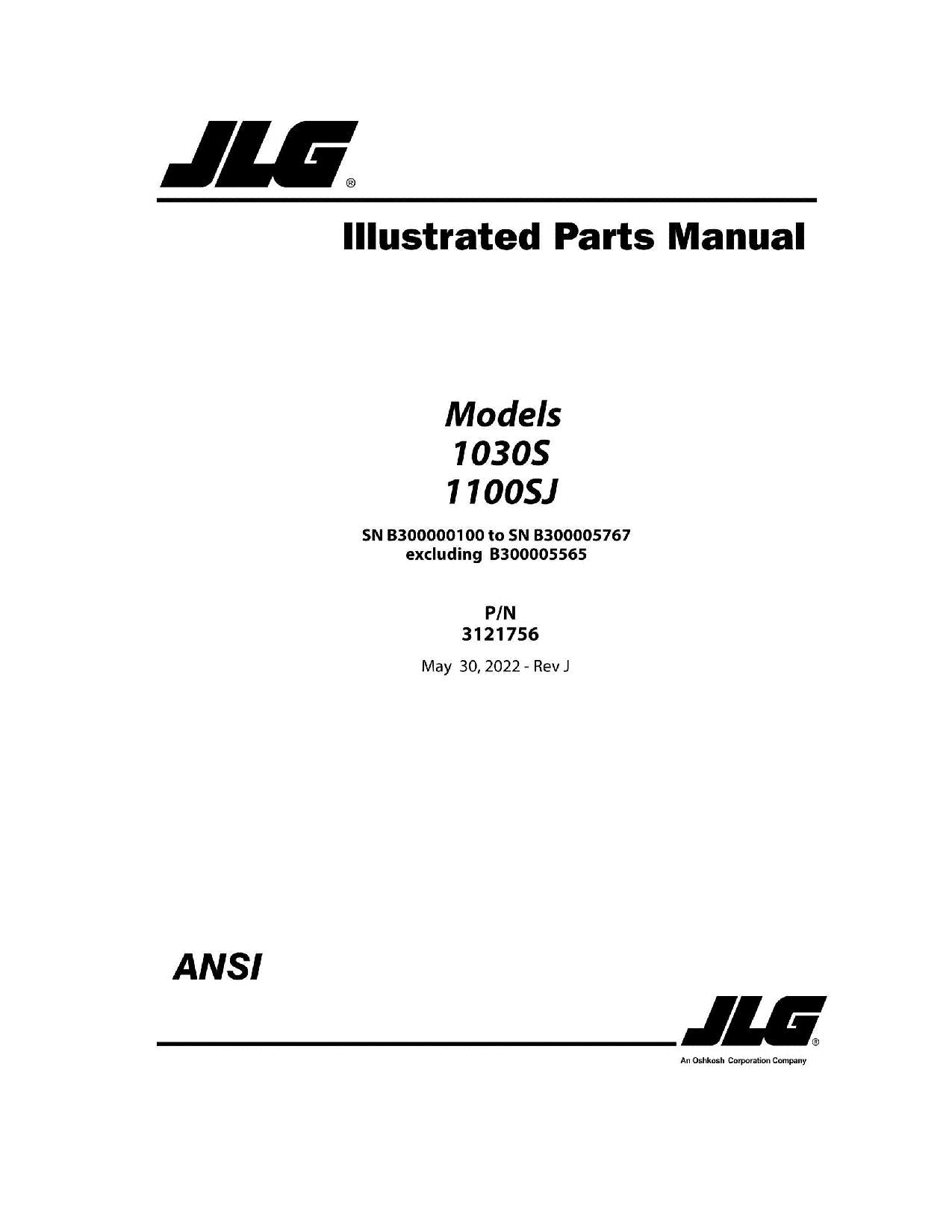 JLG 1030S 1100SJ Boom Lift Parts Catalog Manual