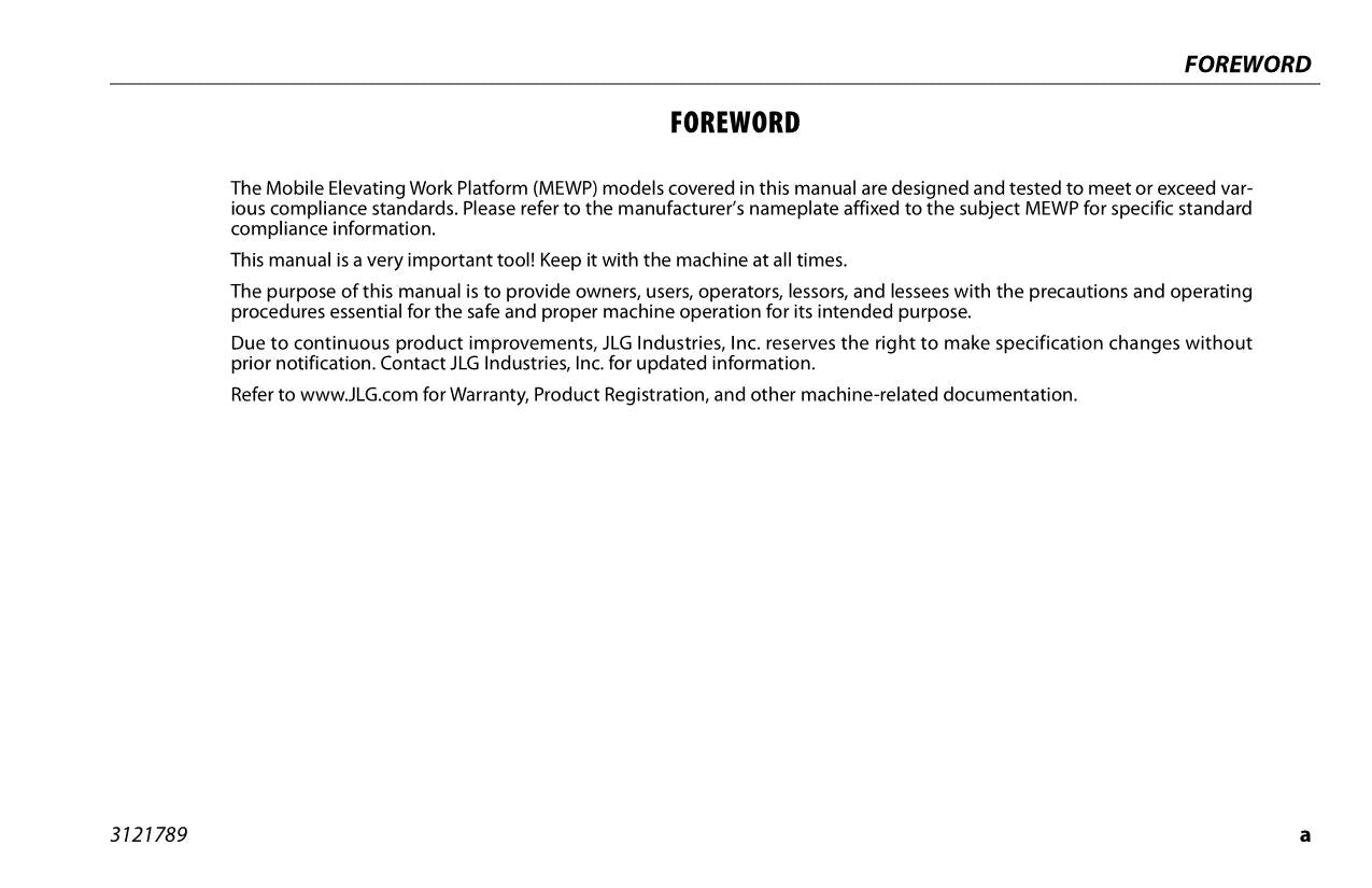 JLG 1030P Vertical Mast Maintenance Operation Operators Manual