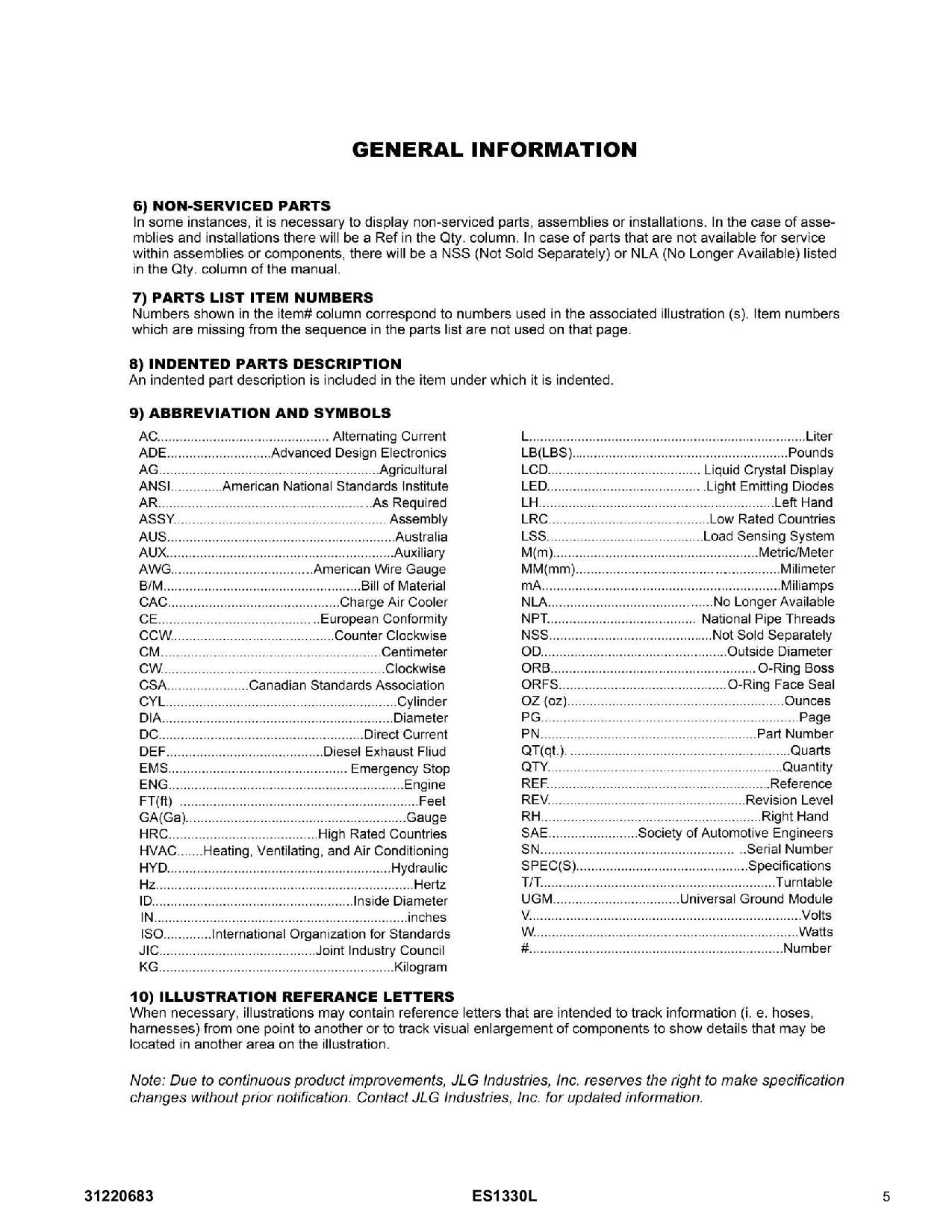 JLG ES1330L  Vertical Mast Parts Catalog Manual