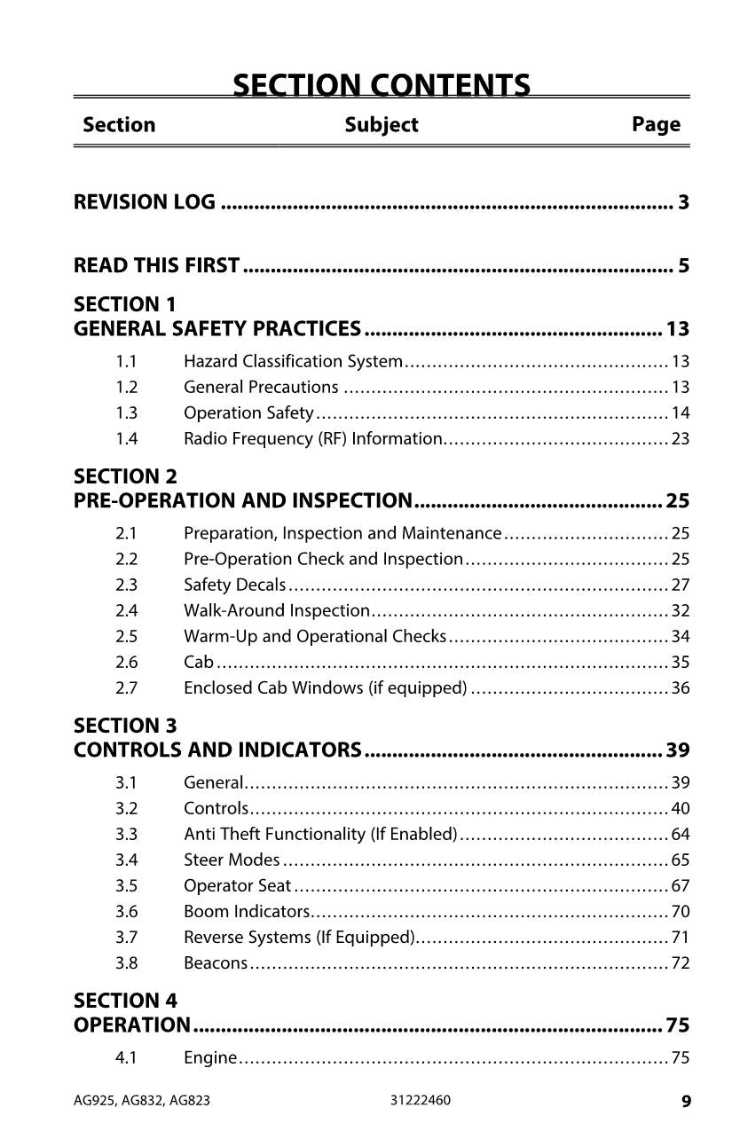 JLG AG823 AG832 AG925 Telehandler Maintenance Operators Manual 31222460