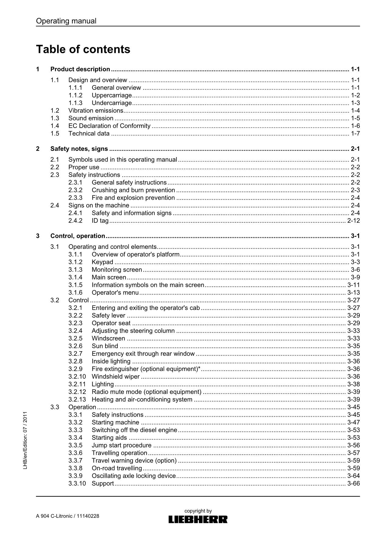 Liebherr A904 C-Litronic Excavator Operators manual serial 1005