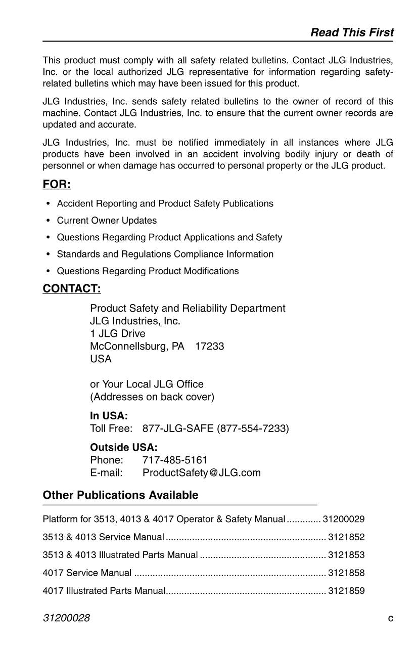 JLG 3513 4013 4017 Telehandler Maintenance Operation Operators Manual 31200028