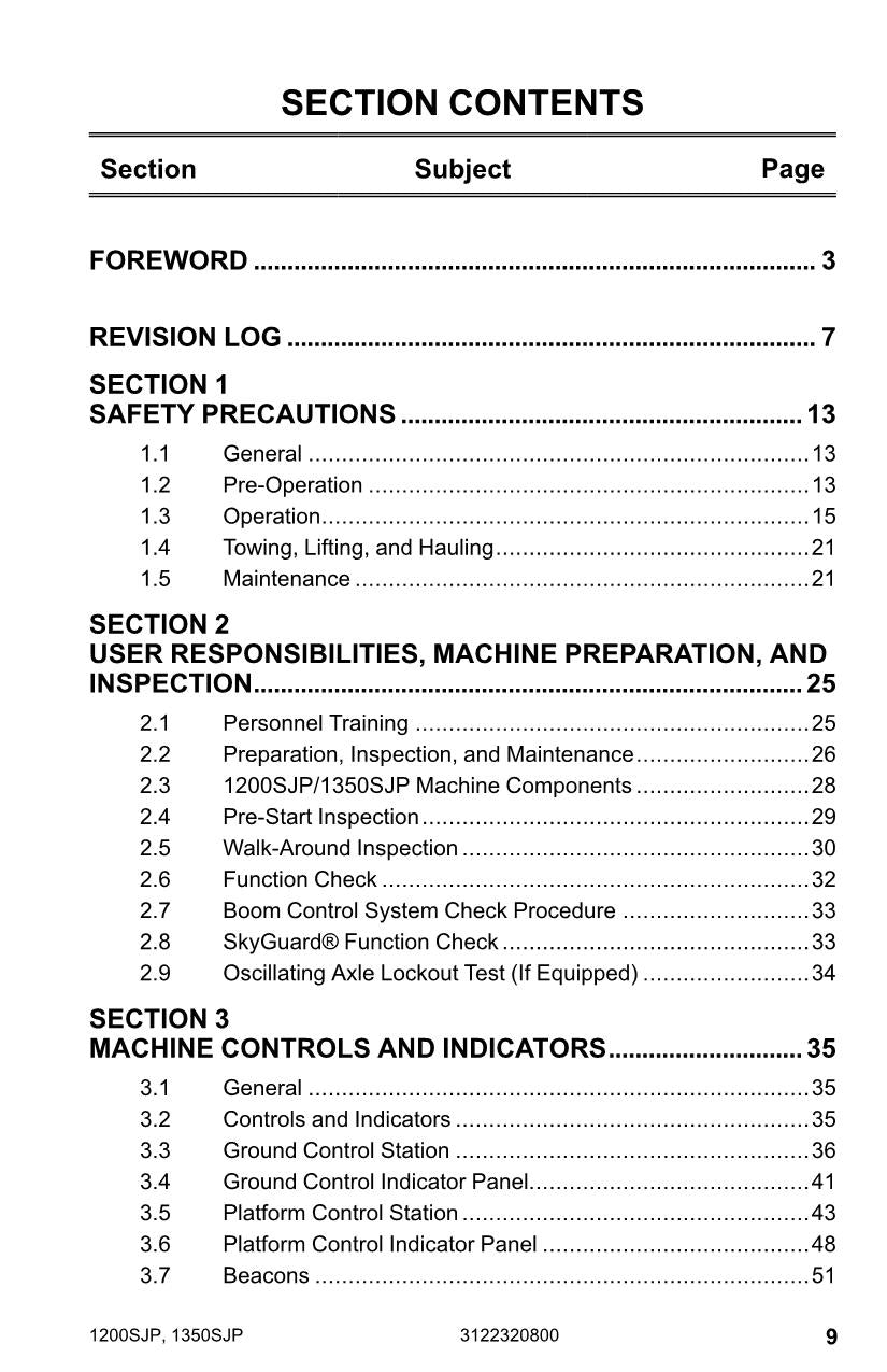 JLG 1200SJP 1350SJP Boom Lift Maintenance Operation Operators Manual 3122320800