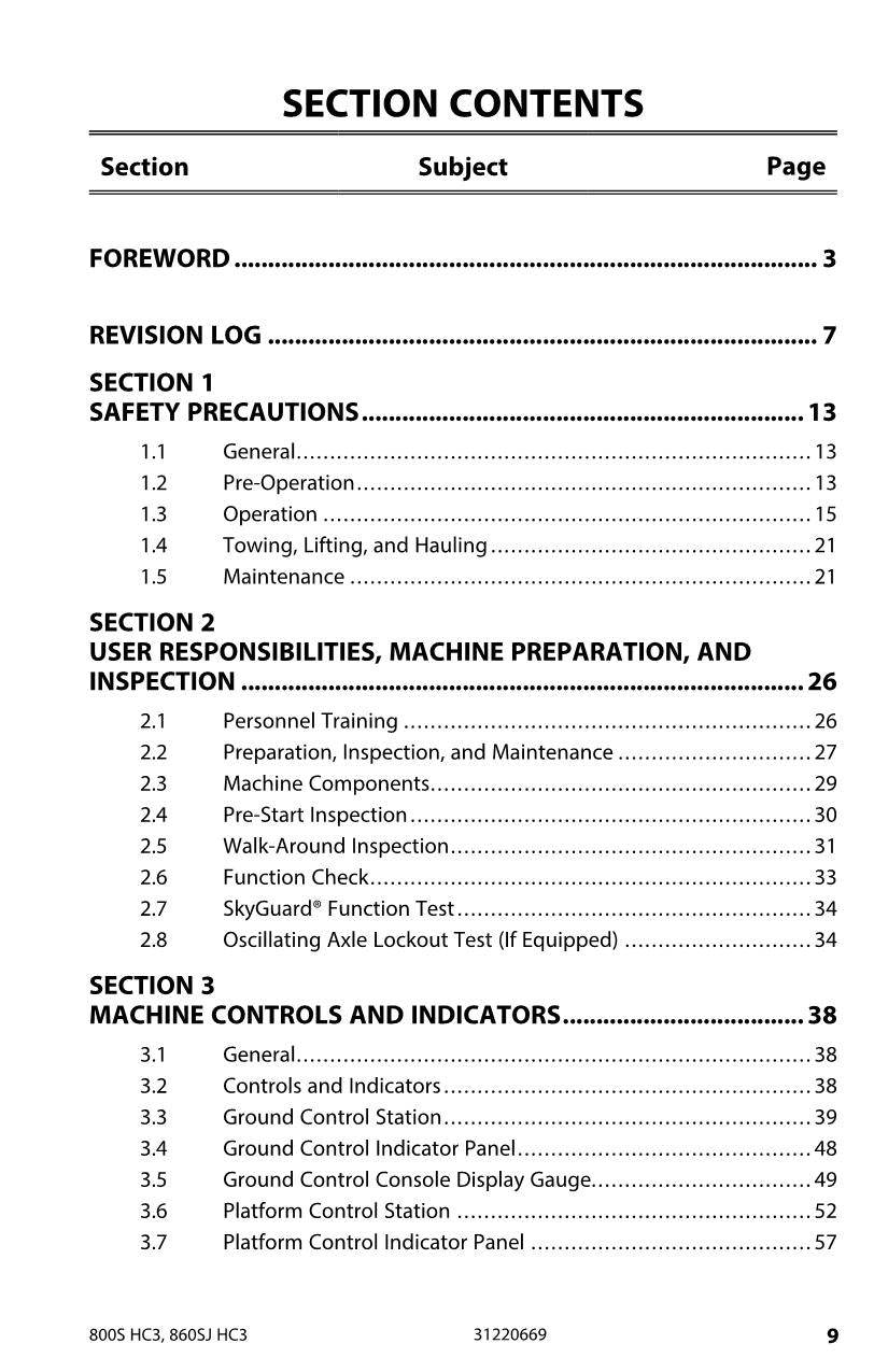 JLG 800S HC3 860SJ HC3 Boom Lift Maintenance Operation Operators Manual 31220669