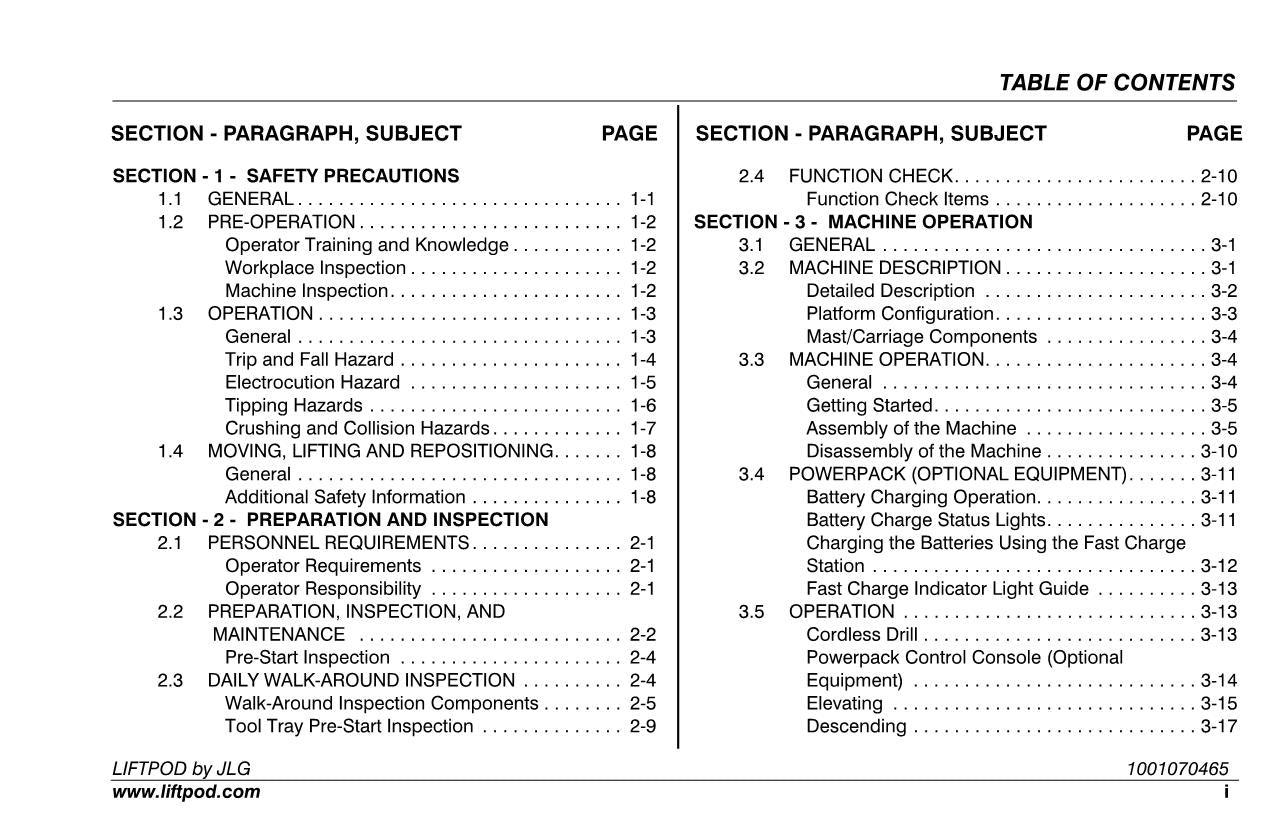 JLG FS60 FS80 Vertical Mast Operators Parts Catalog Service Manual