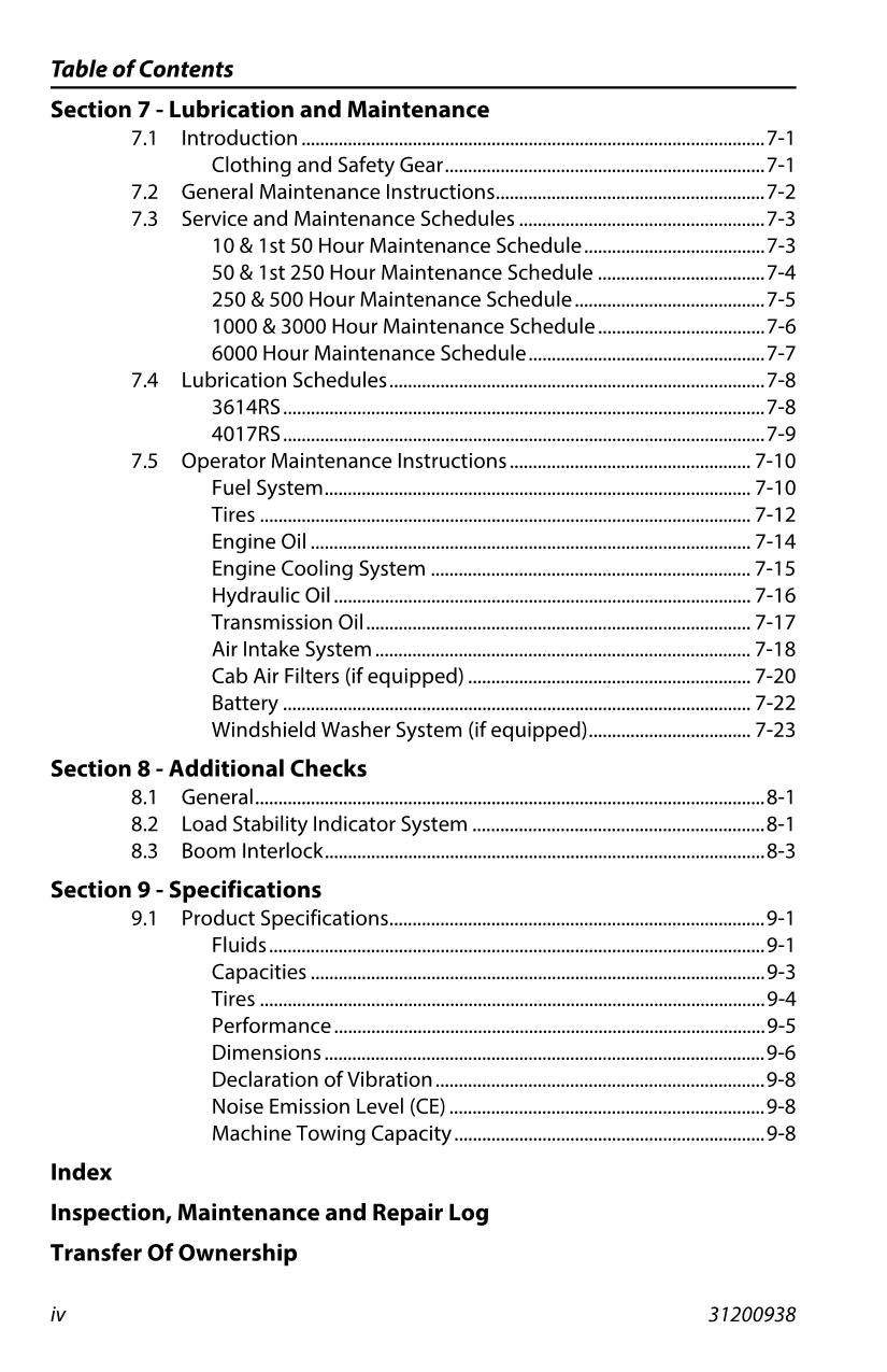 JLG 3614RS 4017RS Telehandler Maintenance Operation Operators Manual 31200938