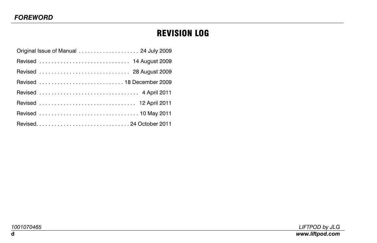 JLG FS60 FS80 Vertical Mast Operators Parts Catalog Service Manual