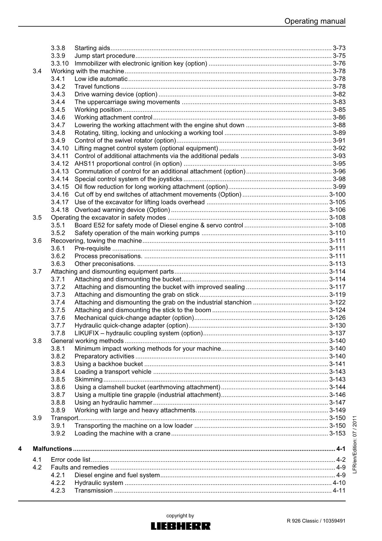 Liebherr R926 Classic Excavator Operators manual serial 31063