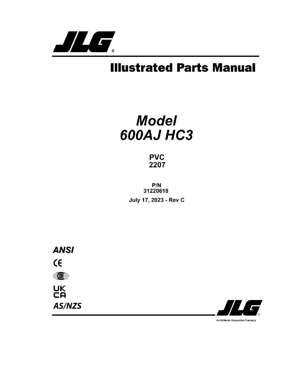 JLG 600AJ HC3 Boom Lift Parts Catalog Manual 31220618