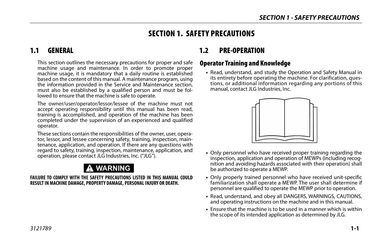 JLG 1030P Vertical Mast Maintenance Operation Operators Manual