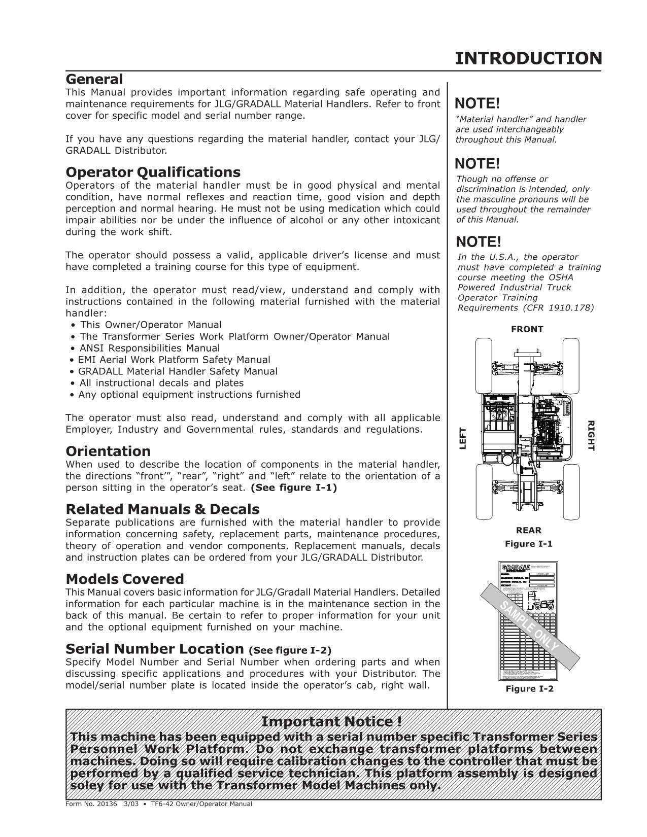 GRADALL JLG TF6-42 Telehandler Maintenance Operation Operators Manual