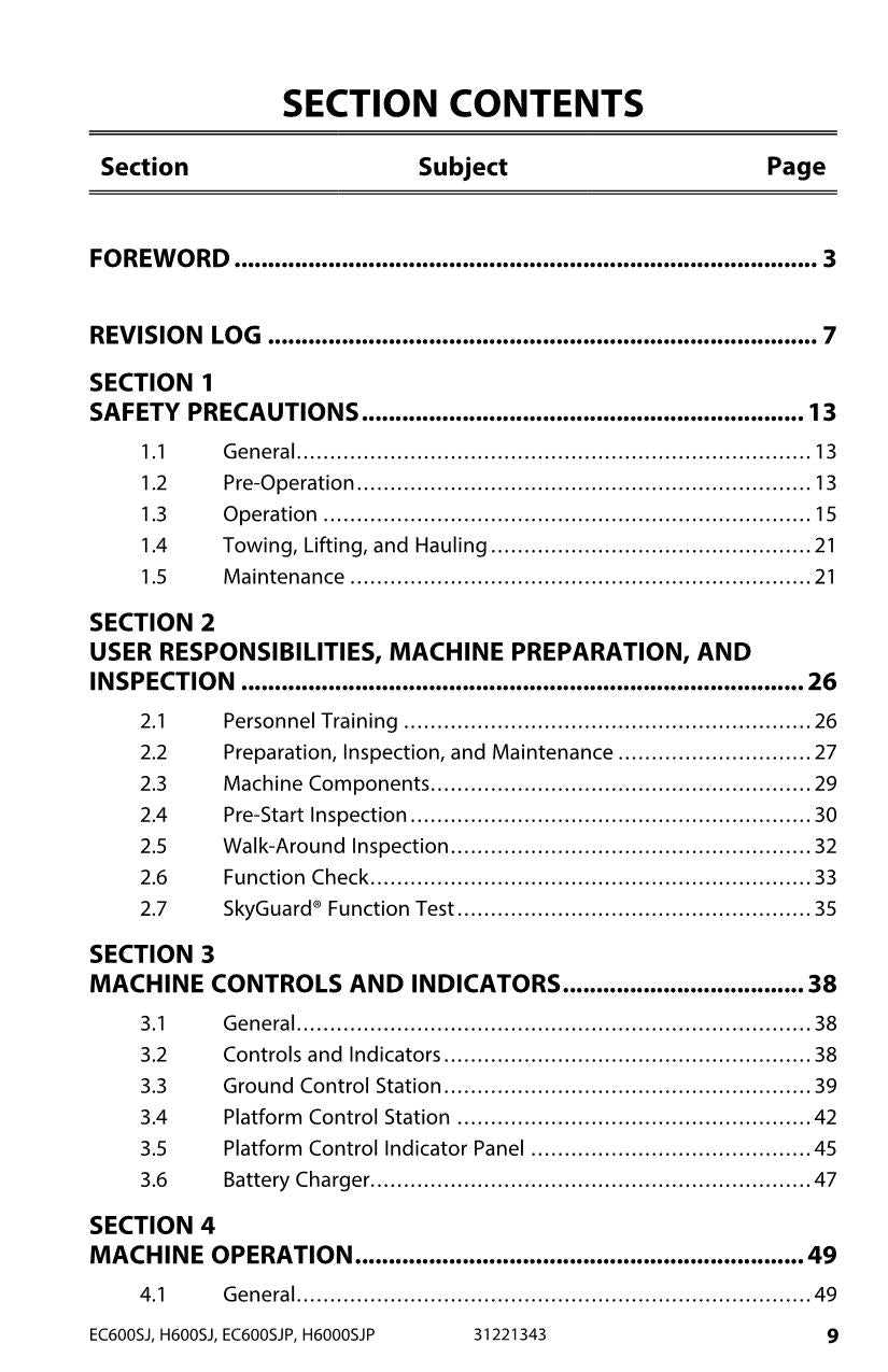 JLG EC600SJ EC600SJP H600SJ H600SJP Boom Lift Operators Manual 31221343