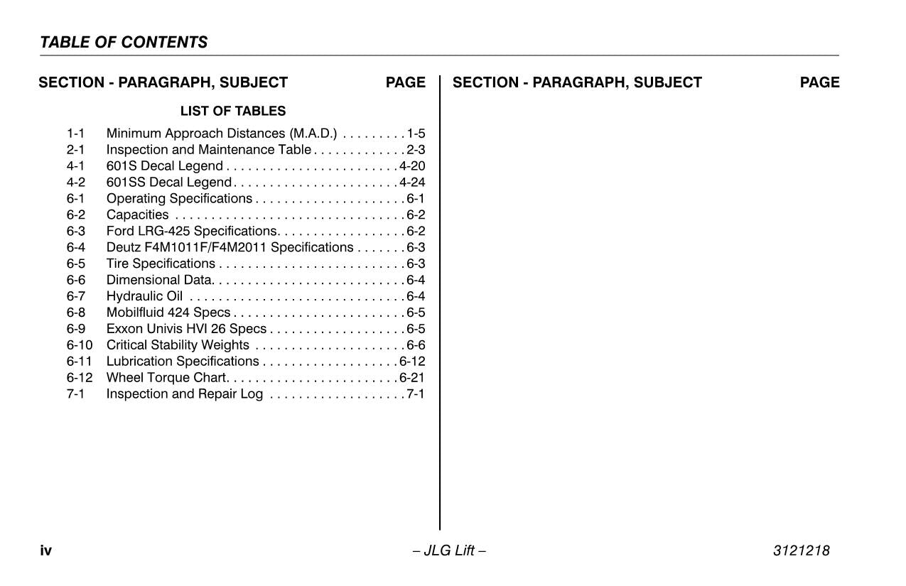 JLG 601S Boom Lift Maintenance Operation Operators Manual