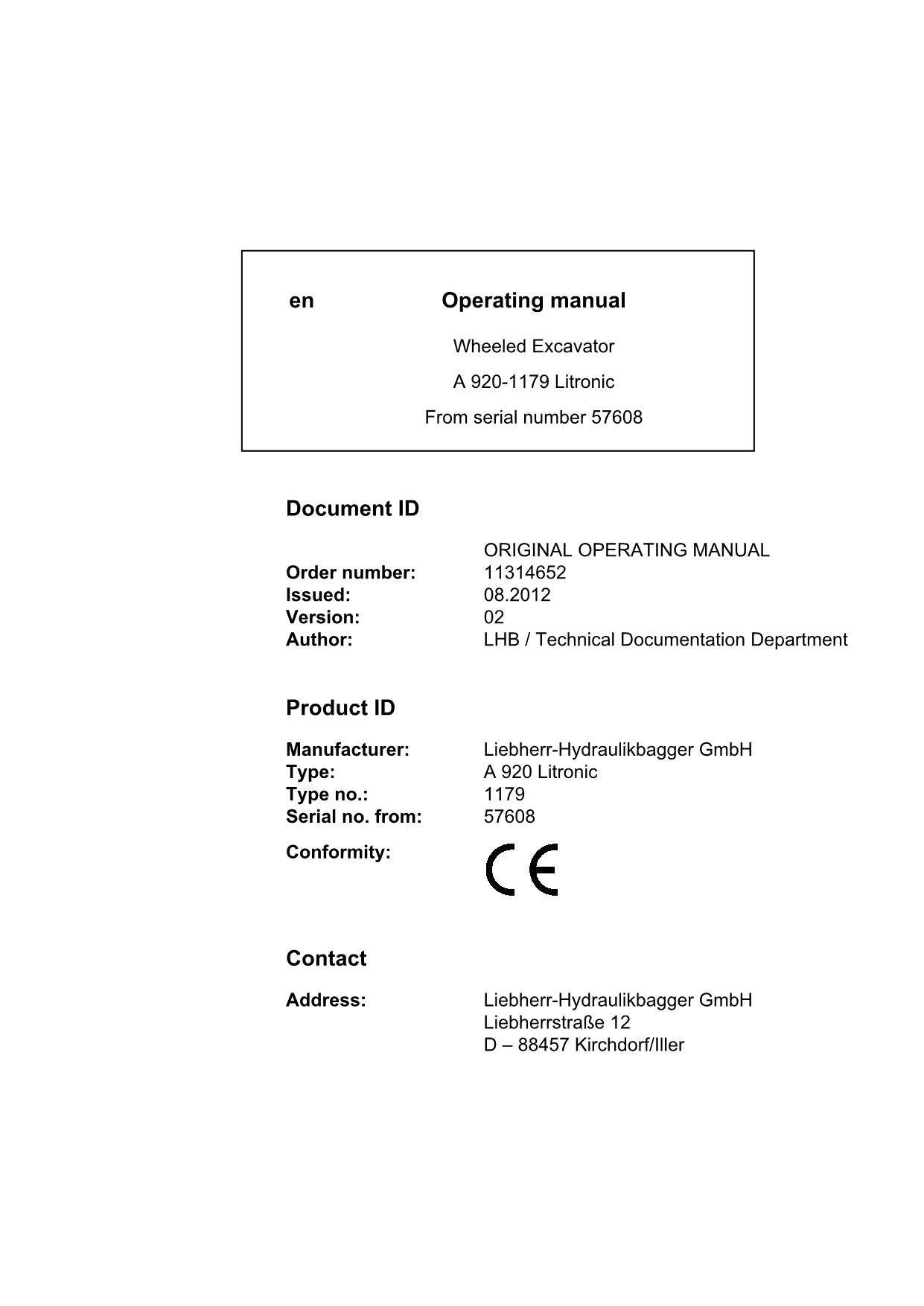 Liebherr A920-1179 Litronic Excavator Operators manual