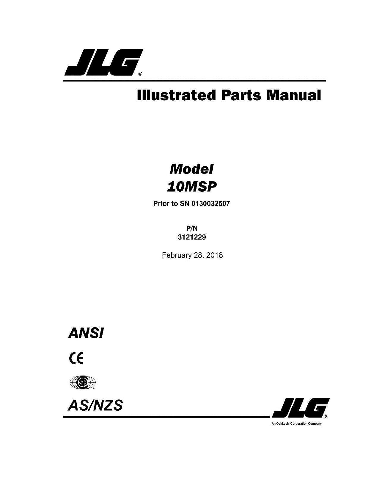 JLG 10MSP Vertical Mast Parts Catalog Manual 130000001-0130032507