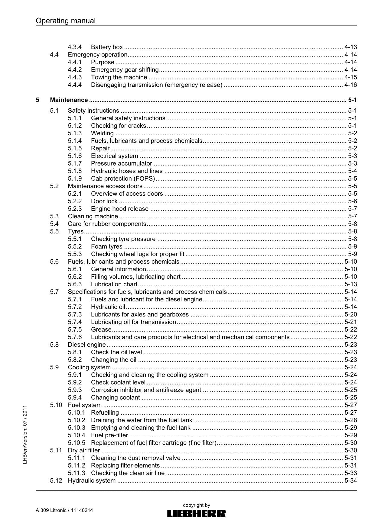 Liebherr A309 Litronic Excavator  Operators manual serial 57249