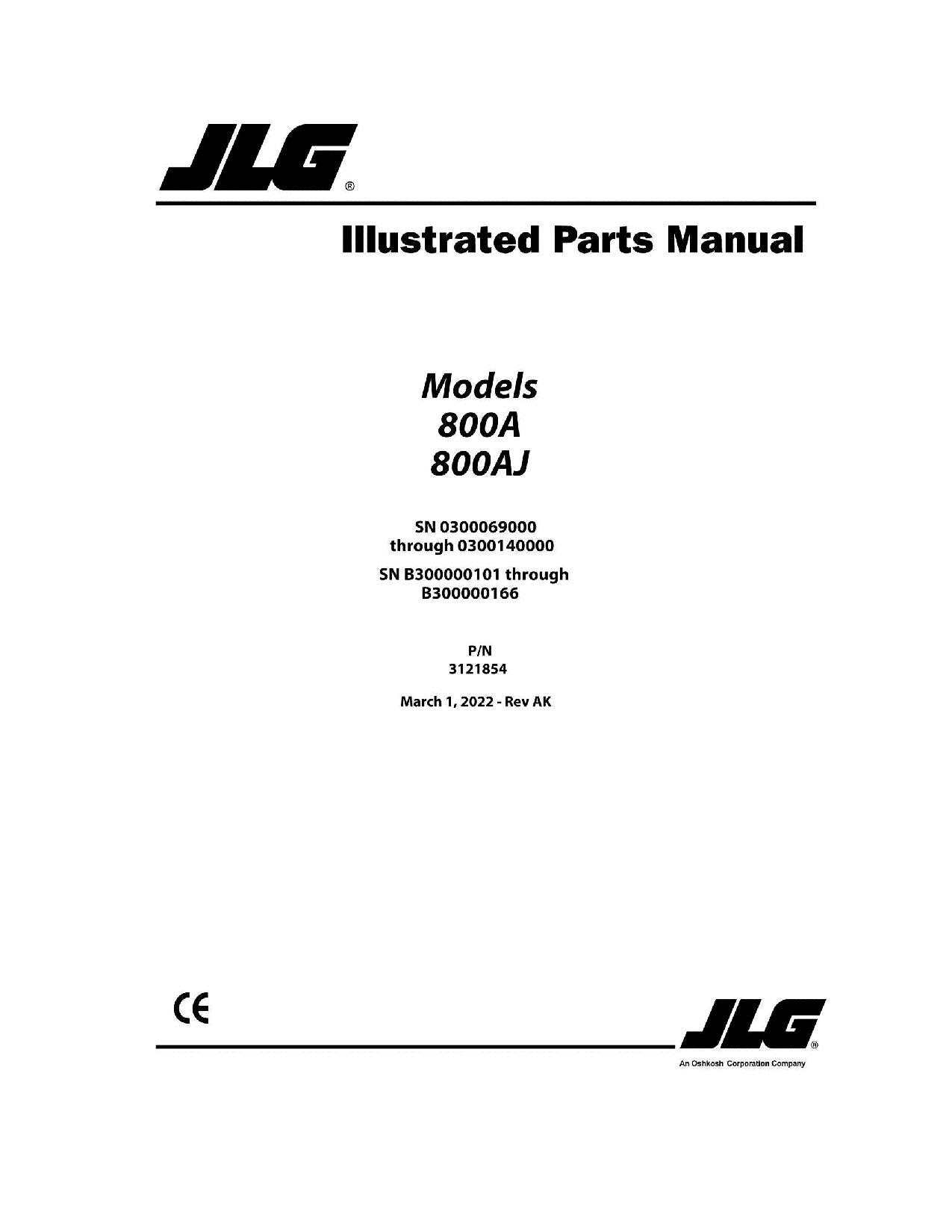 JLG 800A 800AJ Boom Lift Parts Catalog Hard Copy Manual